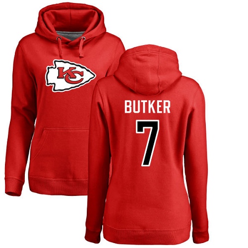 Women Football Kansas City Chiefs 7 Butker Harrison Red Name and Number Logo Pullover Hoodie